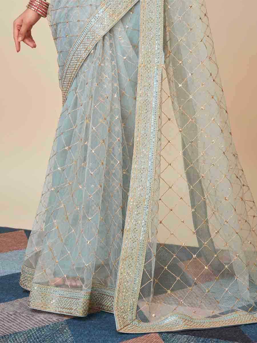 Sky Blue Soft Net Embroidered Party Festival Classic Style Saree