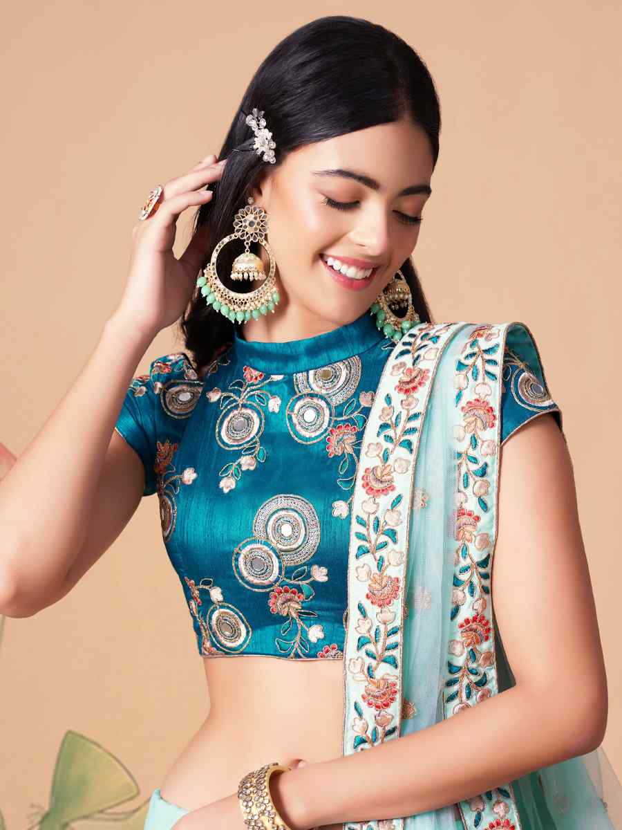 Sky Blue Soft Net Embroidered Reception Festival Heavy Border Lehenga Choli