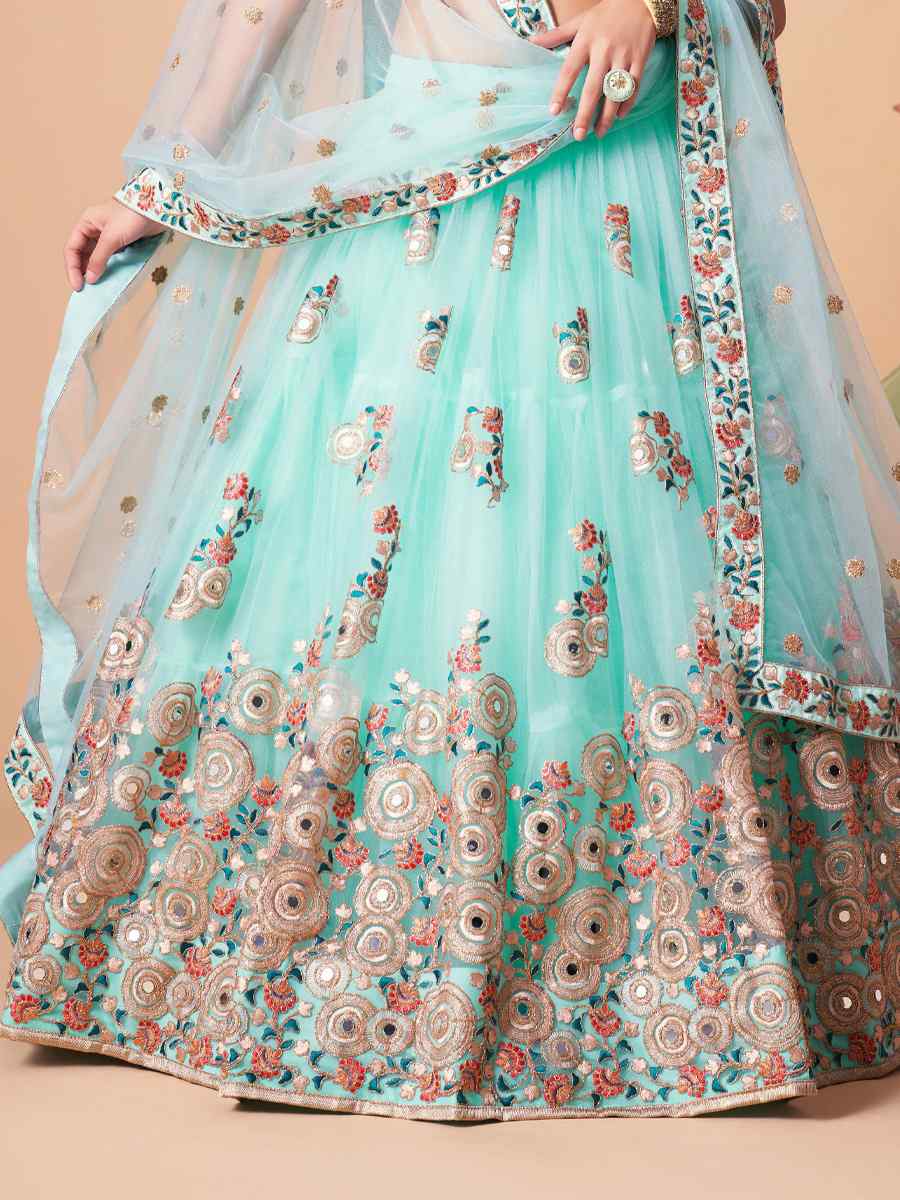 Sky Blue Soft Net Embroidered Reception Festival Heavy Border Lehenga Choli