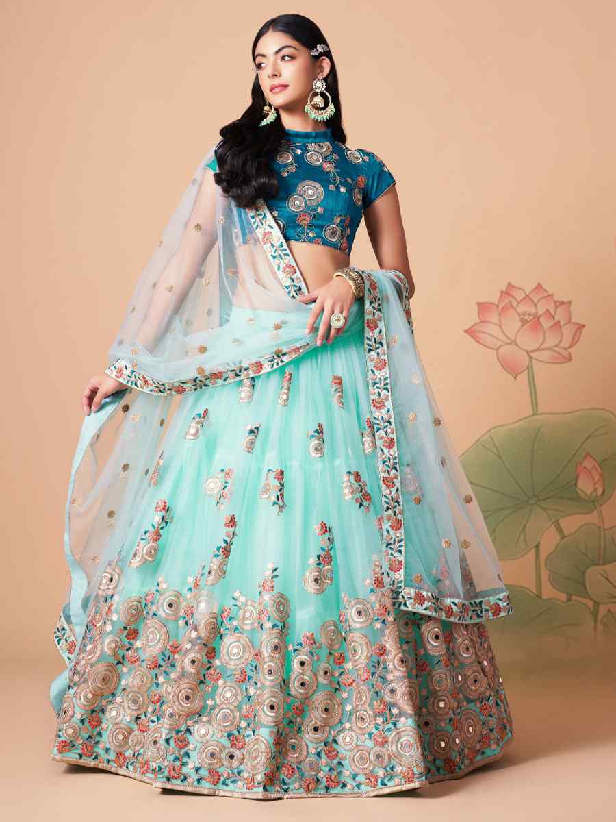 Sky Blue Soft Net Embroidered Reception Festival Heavy Border Lehenga Choli