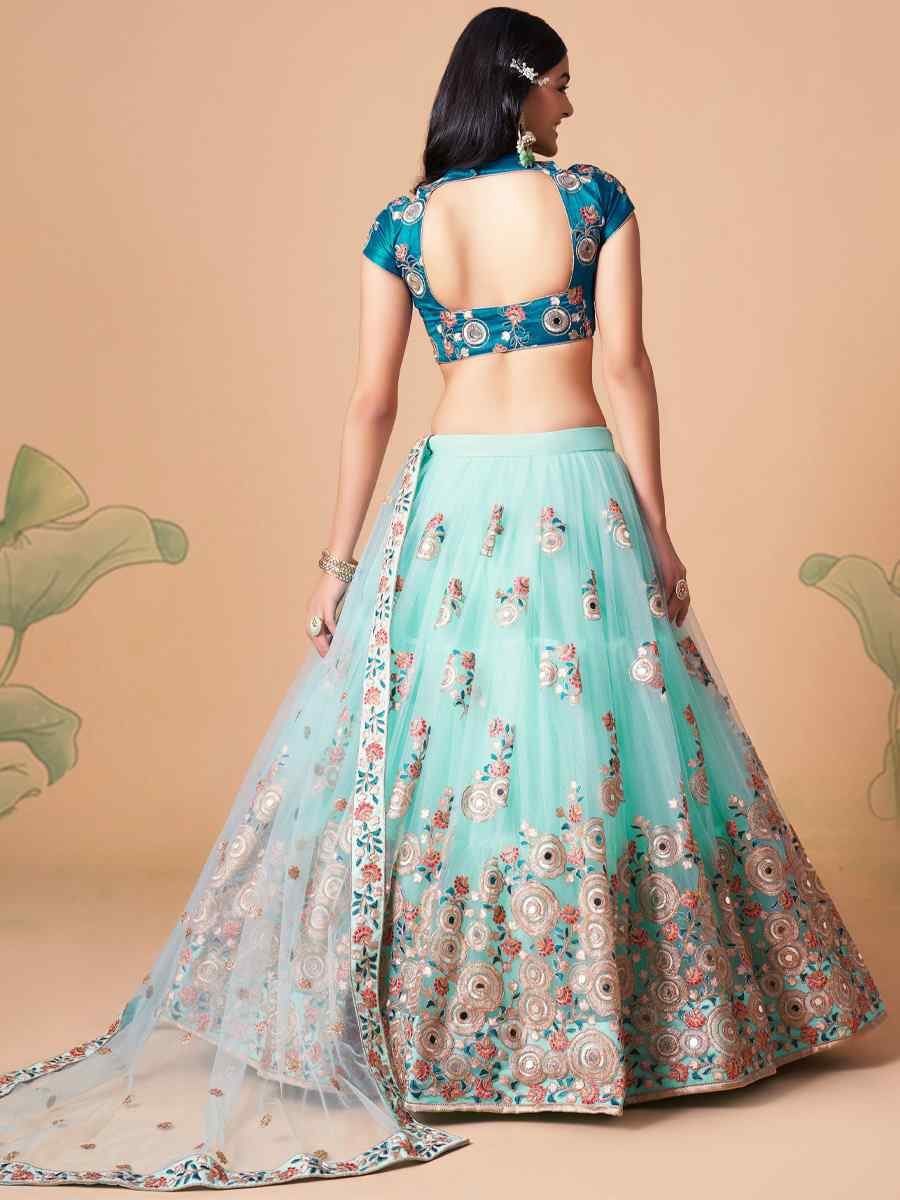 Sky Blue Soft Net Embroidered Reception Festival Heavy Border Lehenga Choli