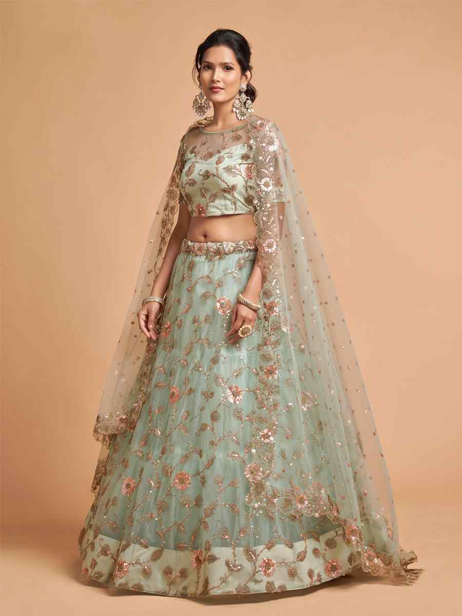 Sky Blue Soft Net Embroidered Wedding Bridesmaid Circular Lehenga Choli