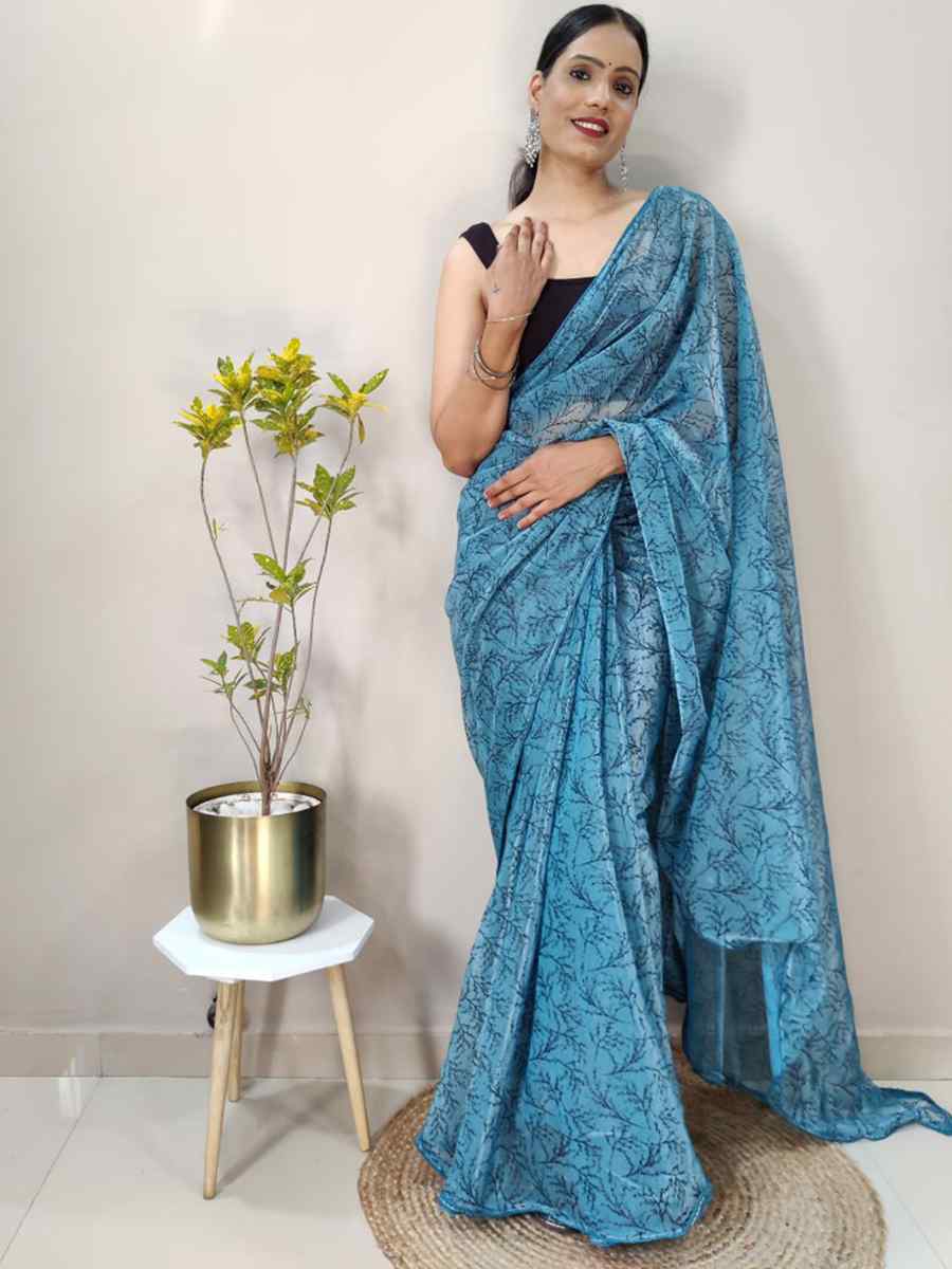 Sky Blue Soft Net Printed Casual Festival Contemporary Saree