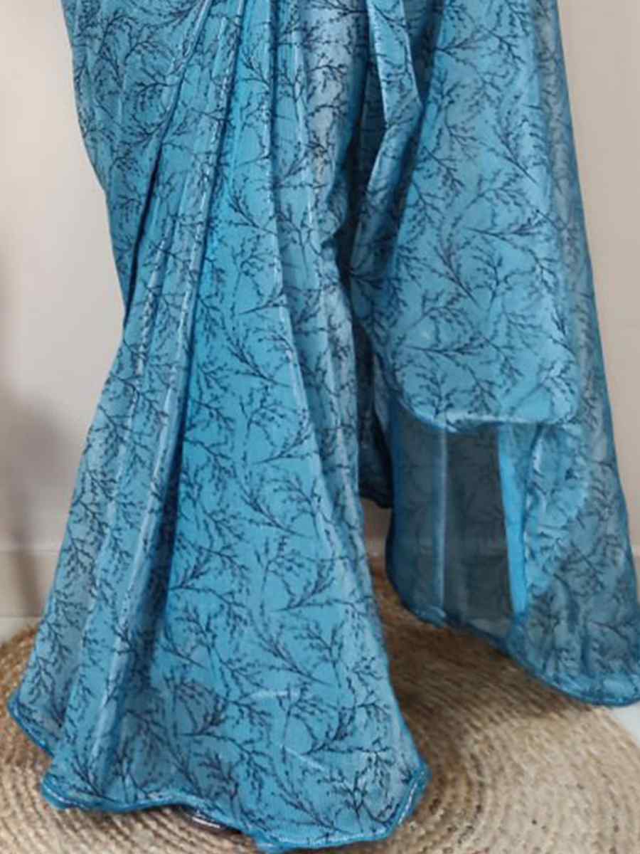 Sky Blue Soft Net Printed Casual Festival Contemporary Saree