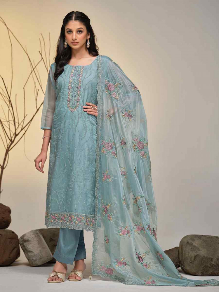 Sky Blue Soft Organza Embroidered Festival Wedding Pant Salwar Kameez