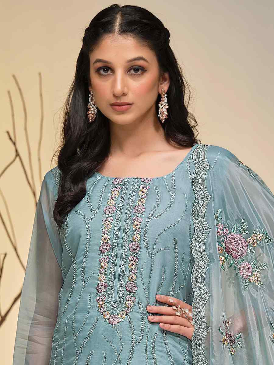Sky Blue Soft Organza Embroidered Festival Wedding Pant Salwar Kameez