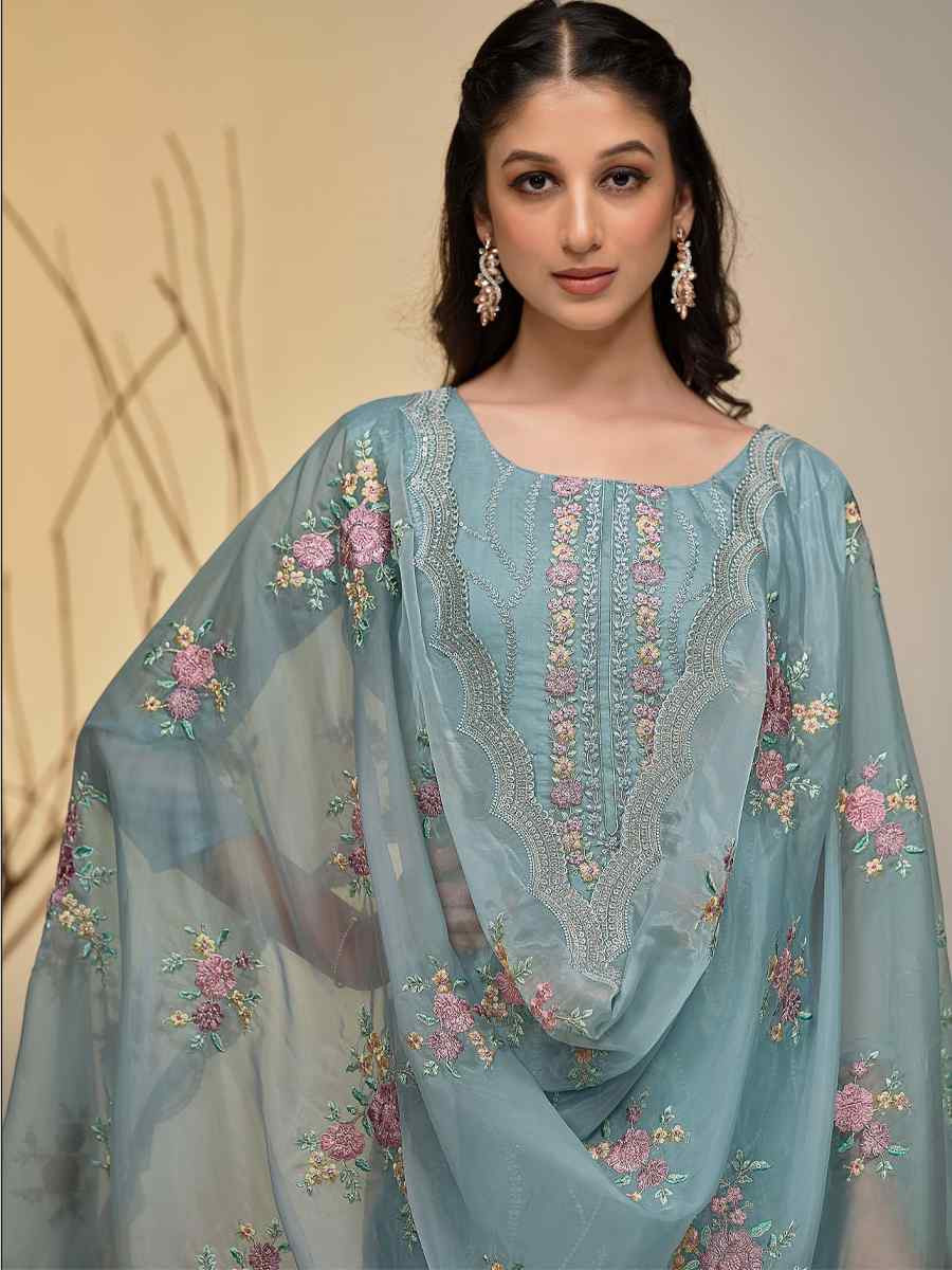 Sky Blue Soft Organza Embroidered Festival Wedding Pant Salwar Kameez