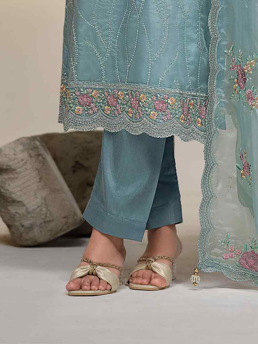 Sky Blue Soft Organza Embroidered Festival Wedding Pant Salwar Kameez