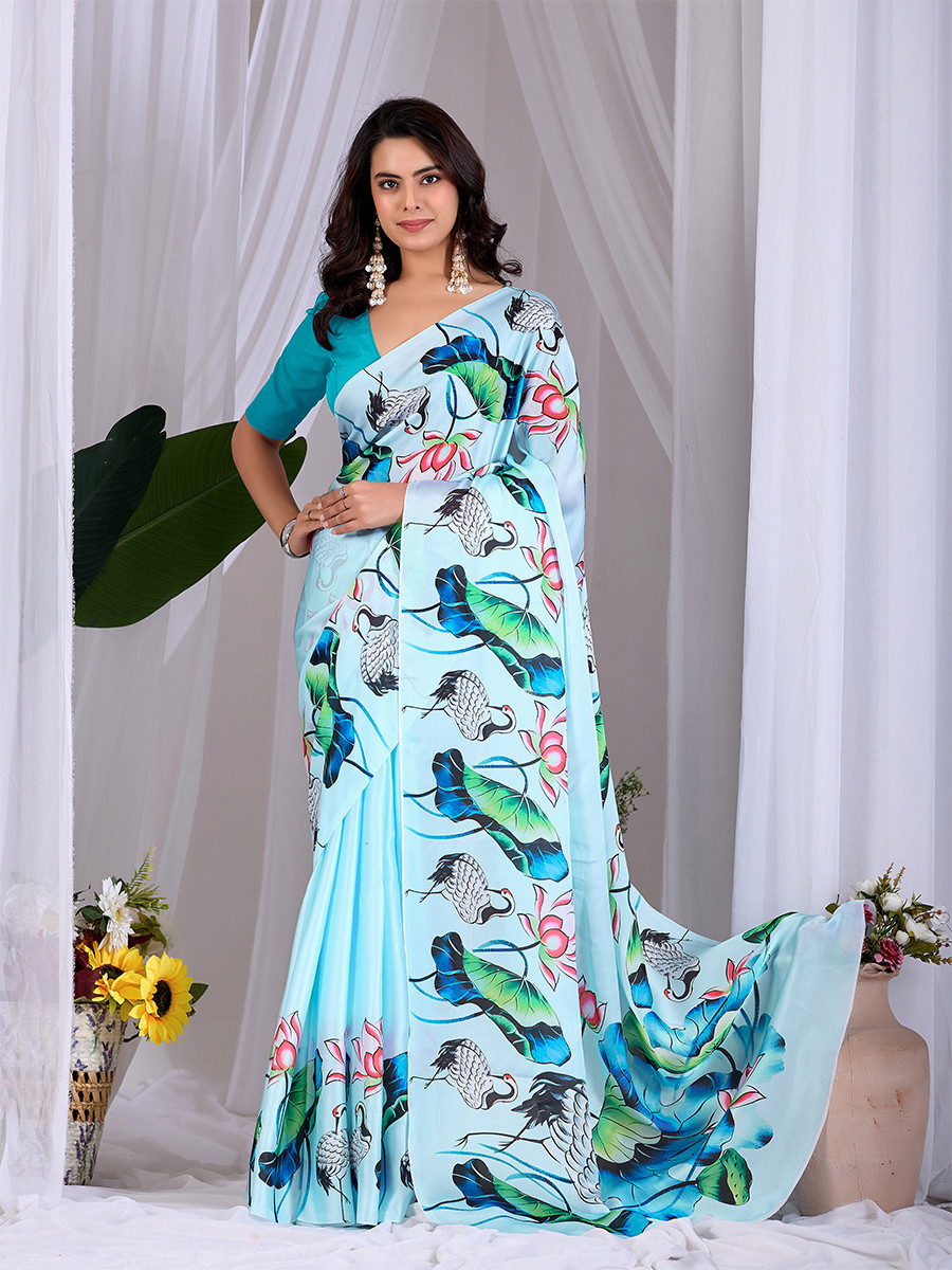 Sky Blue Soft Satin Georgette Printed Wedding Reception Party Festival Casual Heavy Border Sarees