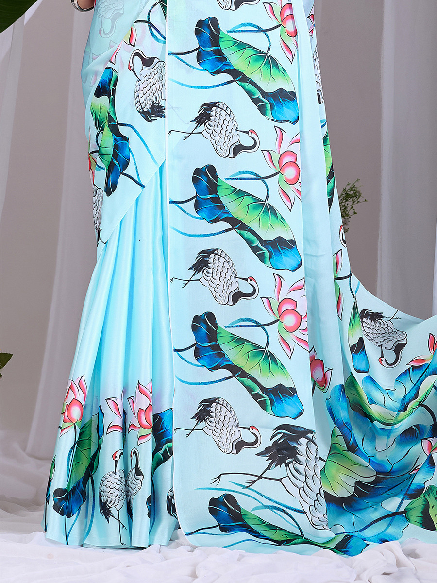 Sky Blue Soft Satin Georgette Printed Wedding Reception Party Festival Casual Heavy Border Sarees