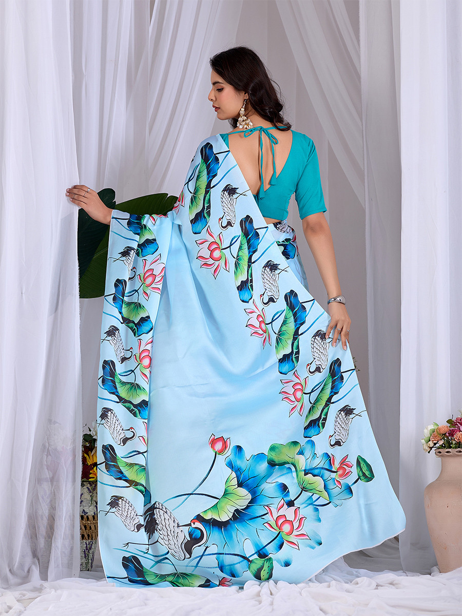 Sky Blue Soft Satin Georgette Printed Wedding Reception Party Festival Casual Heavy Border Sarees
