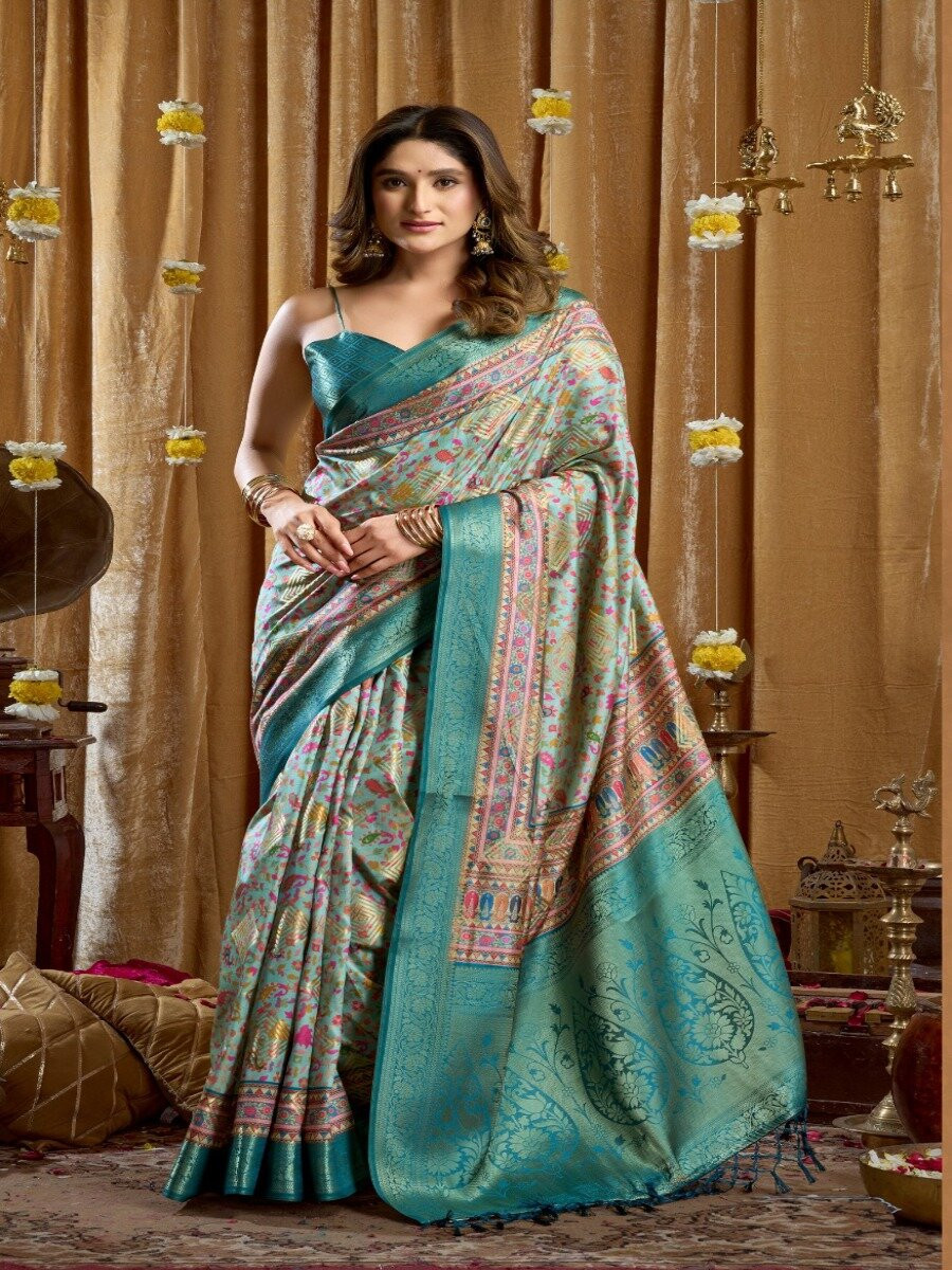 Sky Blue Soft Silk Blend Printed Wedding Reception Party Festival Casual Heavy Border Sarees