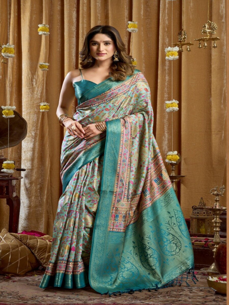 Image of Sky Blue Soft Silk Blend Printed Wedding Reception Party Festival Casual Heavy Border Sarees