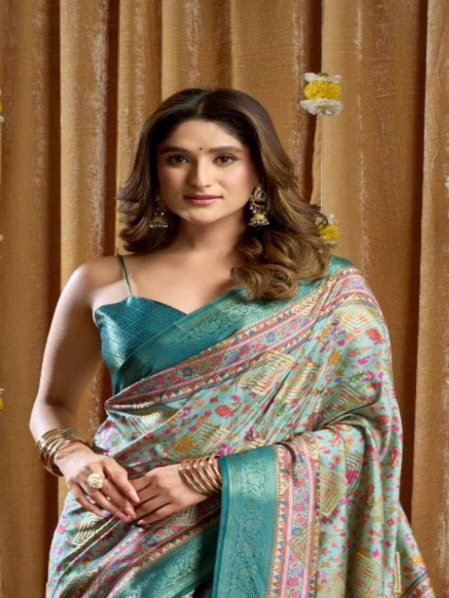 Sky Blue Soft Silk Blend Printed Wedding Reception Party Festival Casual Heavy Border Sarees