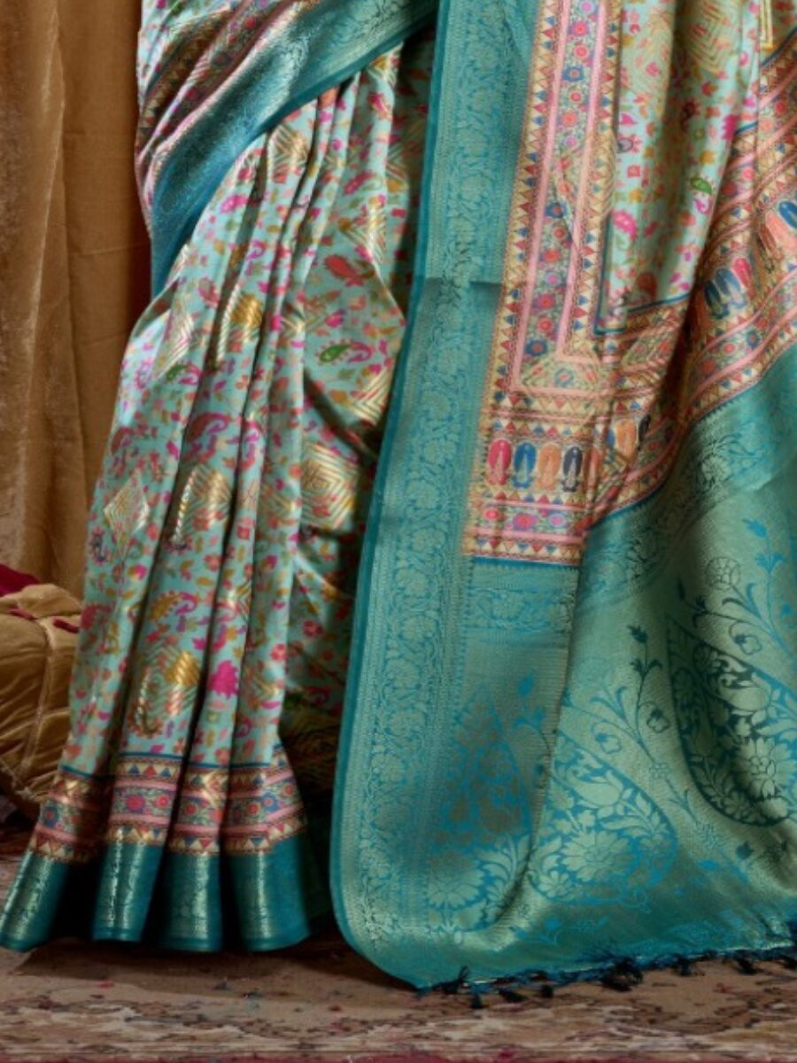 Sky Blue Soft Silk Blend Printed Wedding Reception Party Festival Casual Heavy Border Sarees