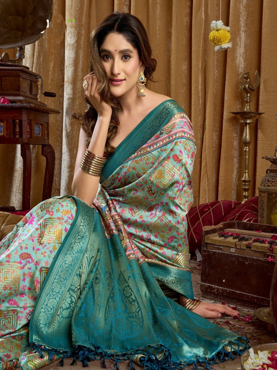 Sky Blue Soft Silk Blend Printed Wedding Reception Party Festival Casual Heavy Border Sarees