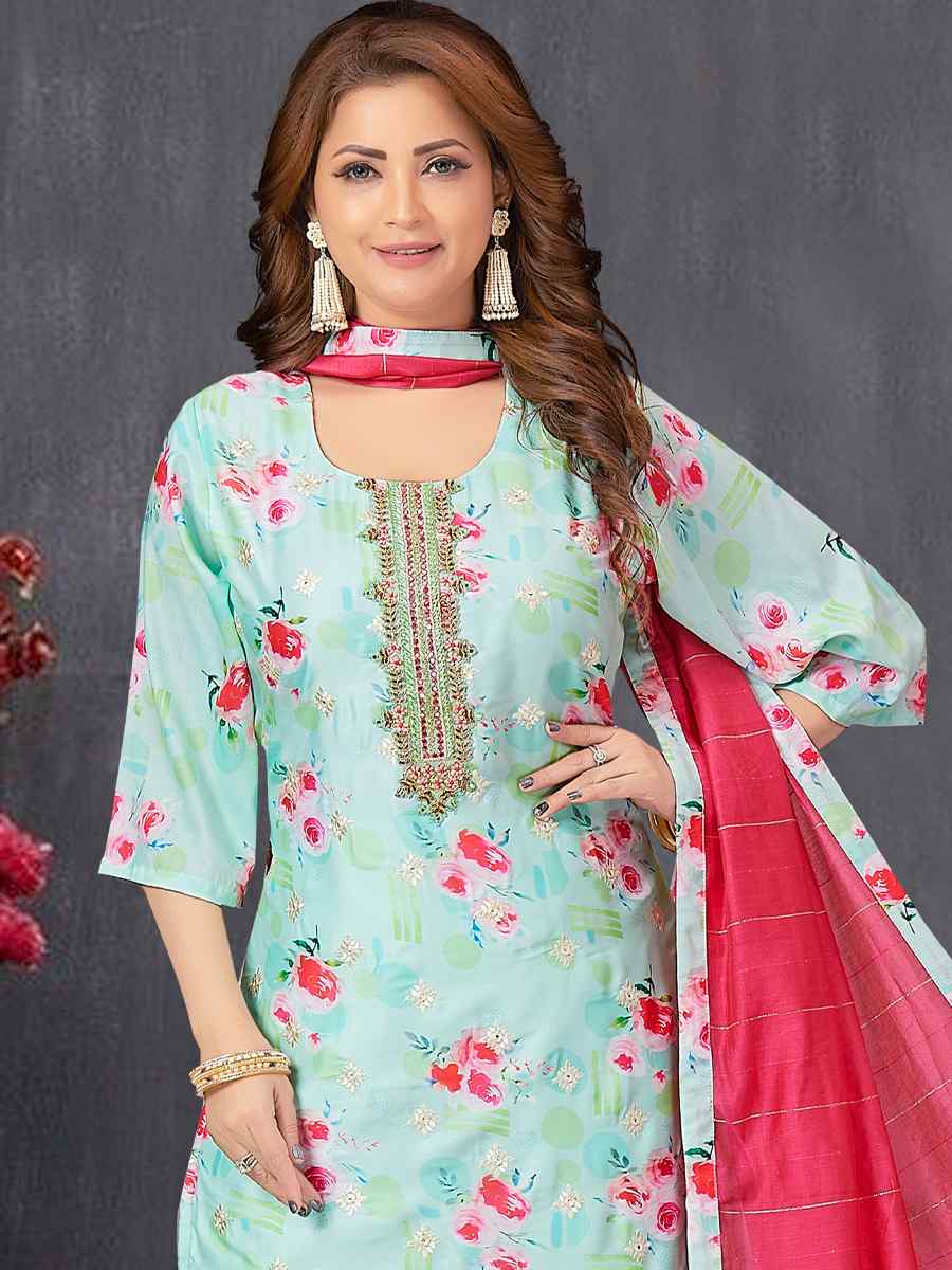 Sky Blue Soft Silk Embroidered Festival Wedding Pant Salwar Kameez