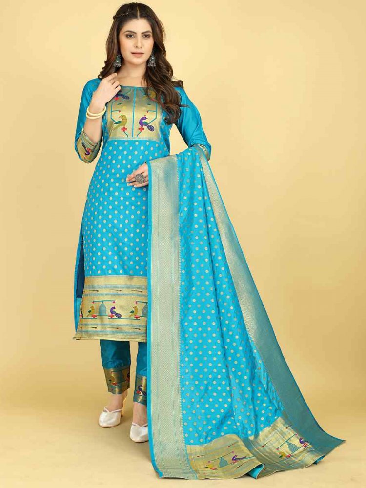 Sky Blue Soft Silk Handwoven Casual Festival Pant Salwar Kameez