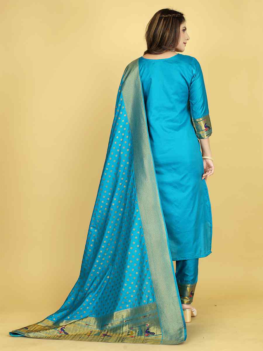 Sky Blue Soft Silk Handwoven Casual Festival Pant Salwar Kameez