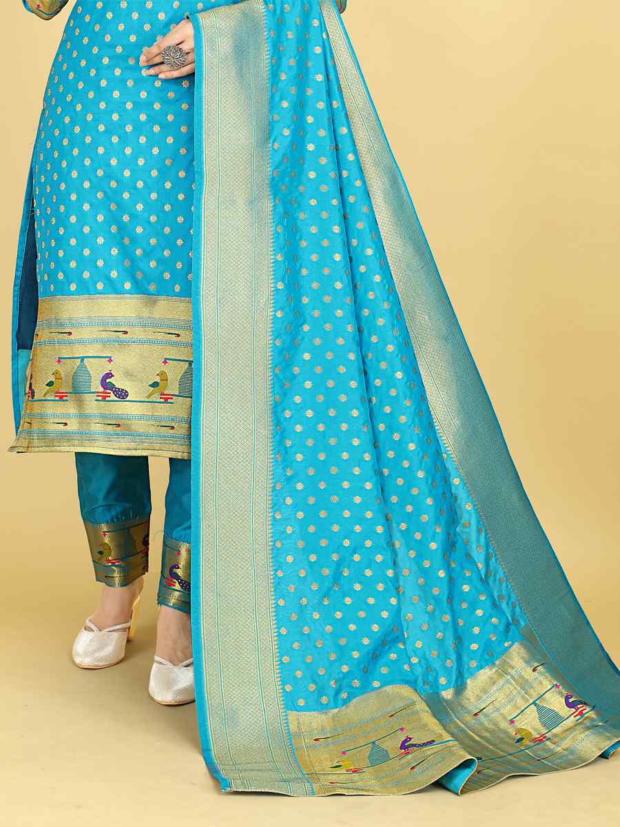 Sky Blue Soft Silk Handwoven Casual Festival Pant Salwar Kameez