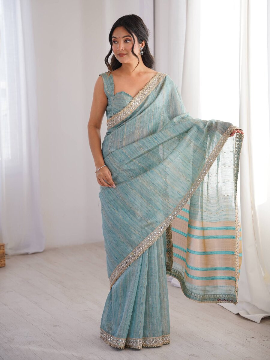Sky Blue Spun Cotton Embroidery Woven Designer Wedding Reception Party Festival Casual Heavy Border Sarees