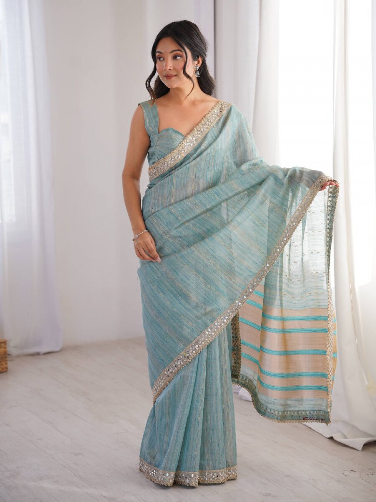 Image of Sky Blue Spun Cotton Embroidery Woven Designer Wedding Reception Party Festival Casual Heavy Border Sarees
