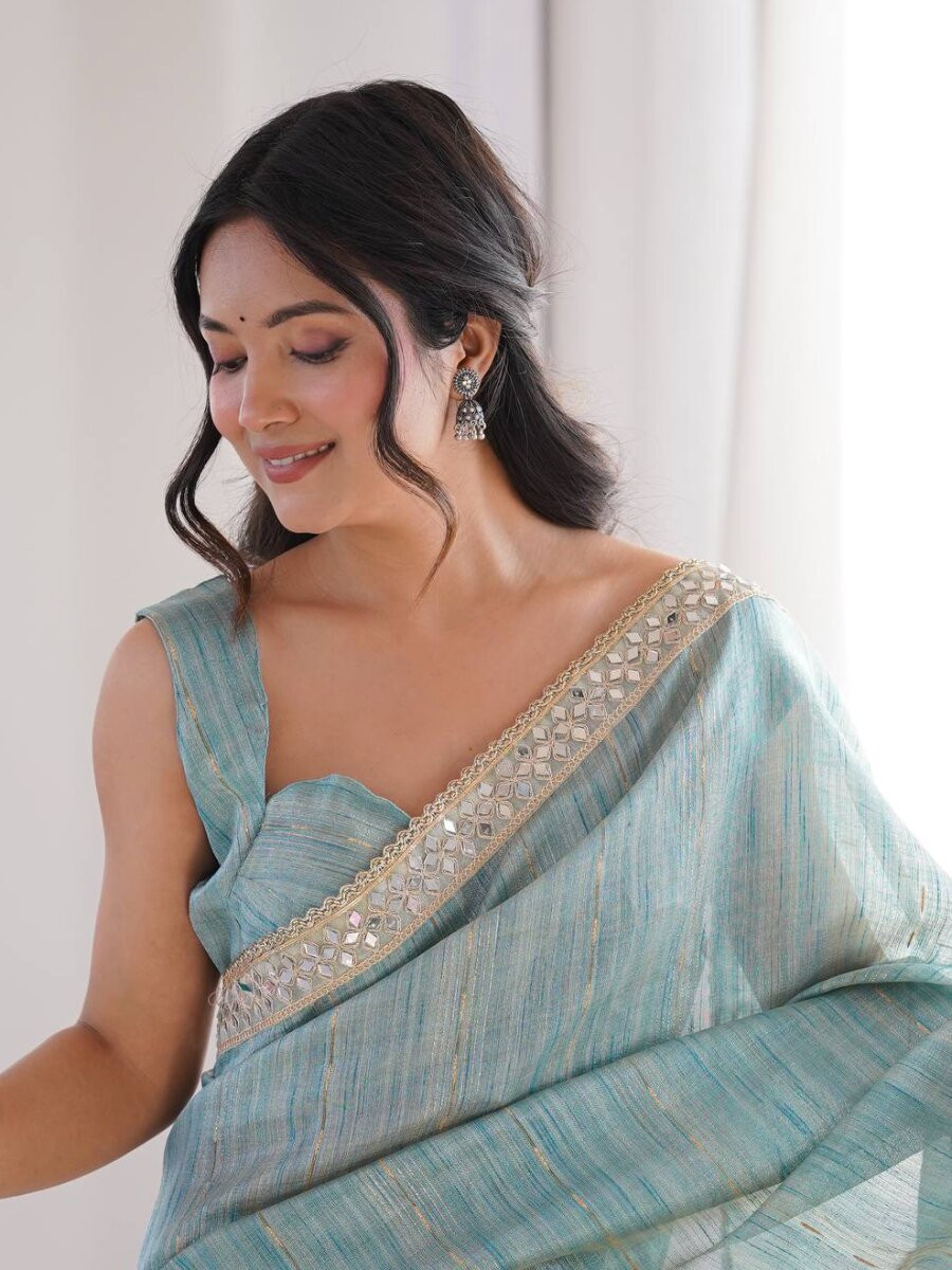 Sky Blue Spun Cotton Embroidery Woven Designer Wedding Reception Party Festival Casual Heavy Border Sarees