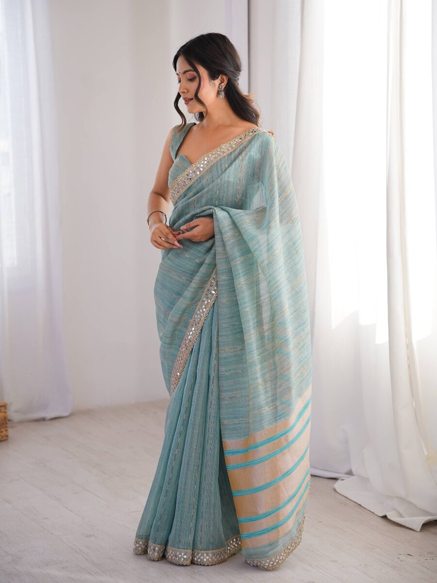 Sky Blue Spun Cotton Embroidery Woven Designer Wedding Reception Party Festival Casual Heavy Border Sarees