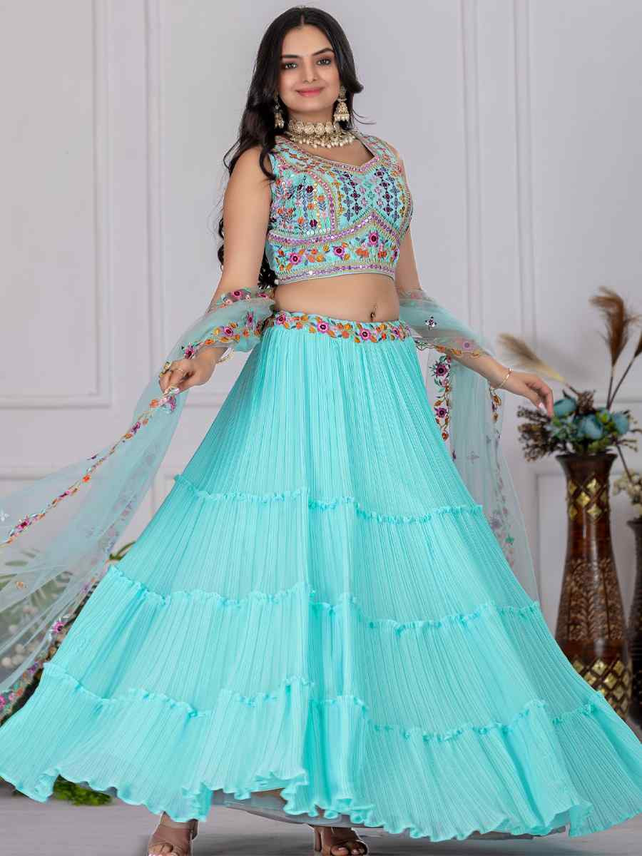 Sky Blue Star Fox Georgette Embroidered Reception Wedding Designer Lehenga Choli