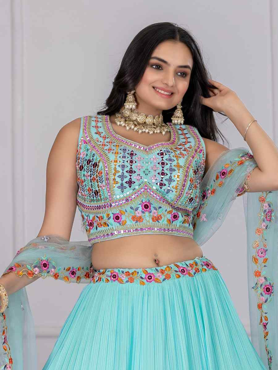 Sky Blue Star Fox Georgette Embroidered Reception Wedding Designer Lehenga Choli