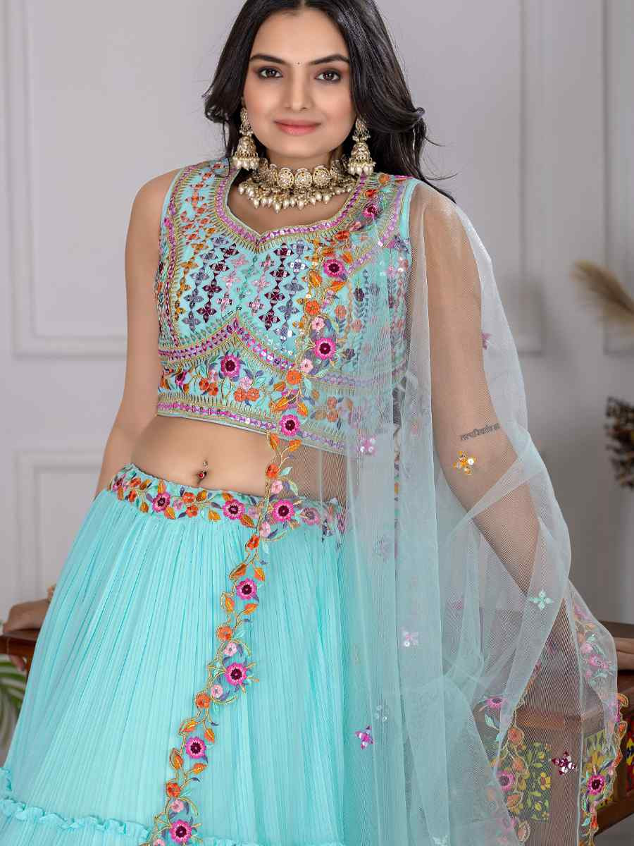 Sky Blue Star Fox Georgette Embroidered Reception Wedding Designer Lehenga Choli