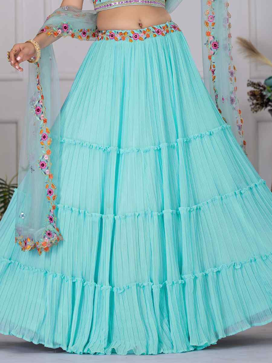 Sky Blue Star Fox Georgette Embroidered Reception Wedding Designer Lehenga Choli