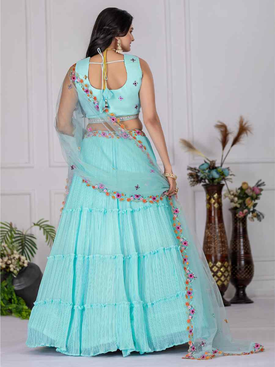 Sky Blue Star Fox Georgette Embroidered Reception Wedding Designer Lehenga Choli