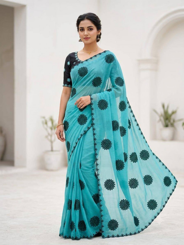 Image of Sky Blue Star Georgette Embroidery Wedding Reception Party Festival Casual Heavy Border Sarees