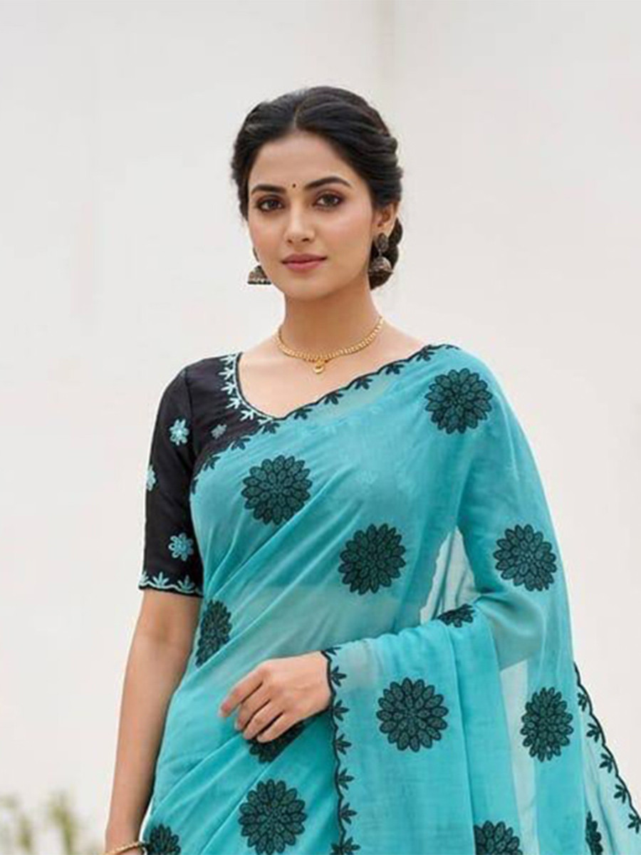 Sky Blue Star Georgette Embroidery Wedding Reception Party Festival Casual Heavy Border Sarees