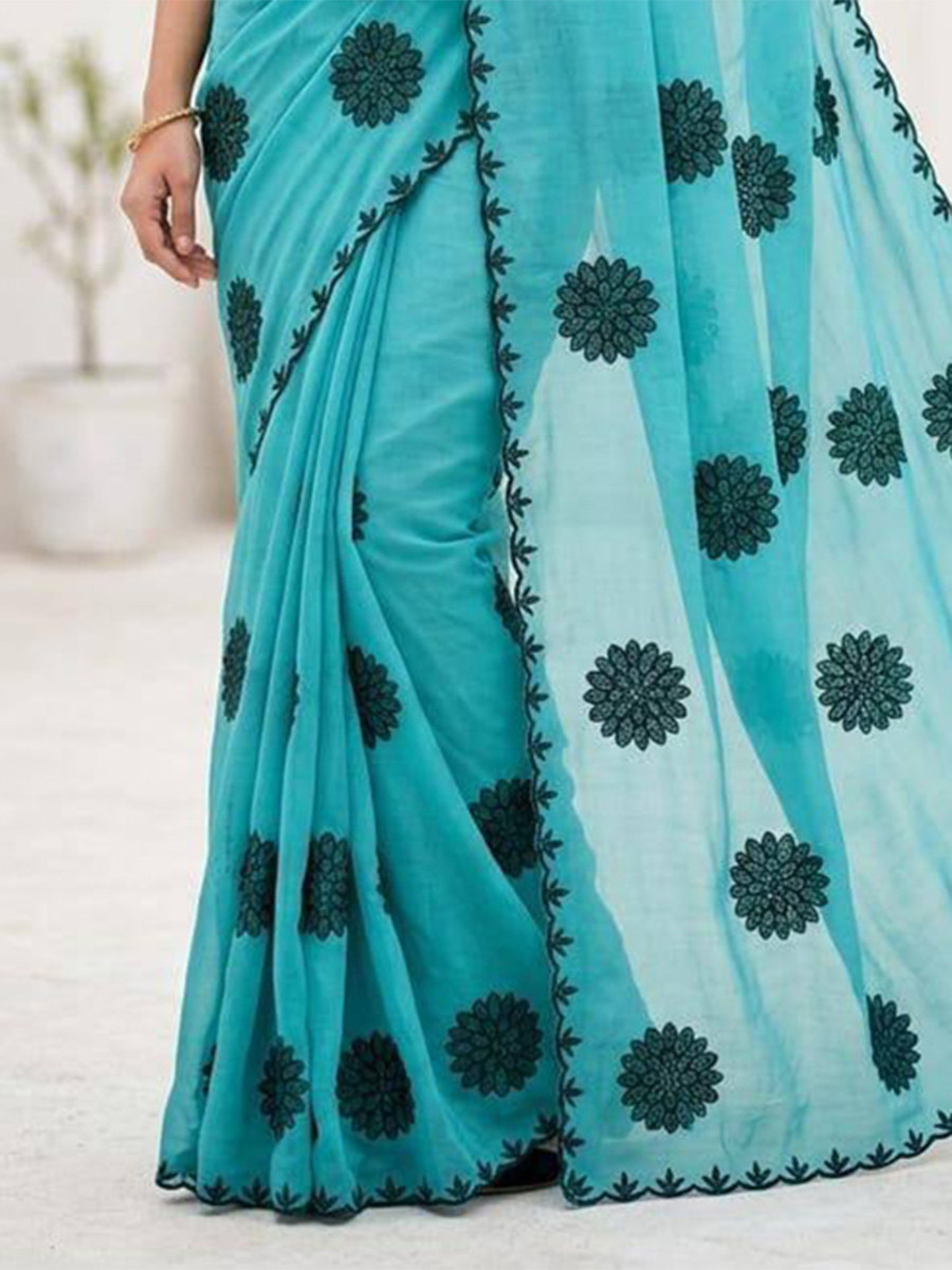 Sky Blue Star Georgette Embroidery Wedding Reception Party Festival Casual Heavy Border Sarees