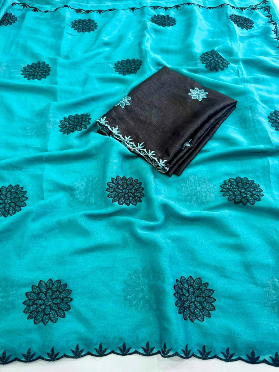 Sky Blue Star Georgette Embroidery Wedding Reception Party Festival Casual Heavy Border Sarees