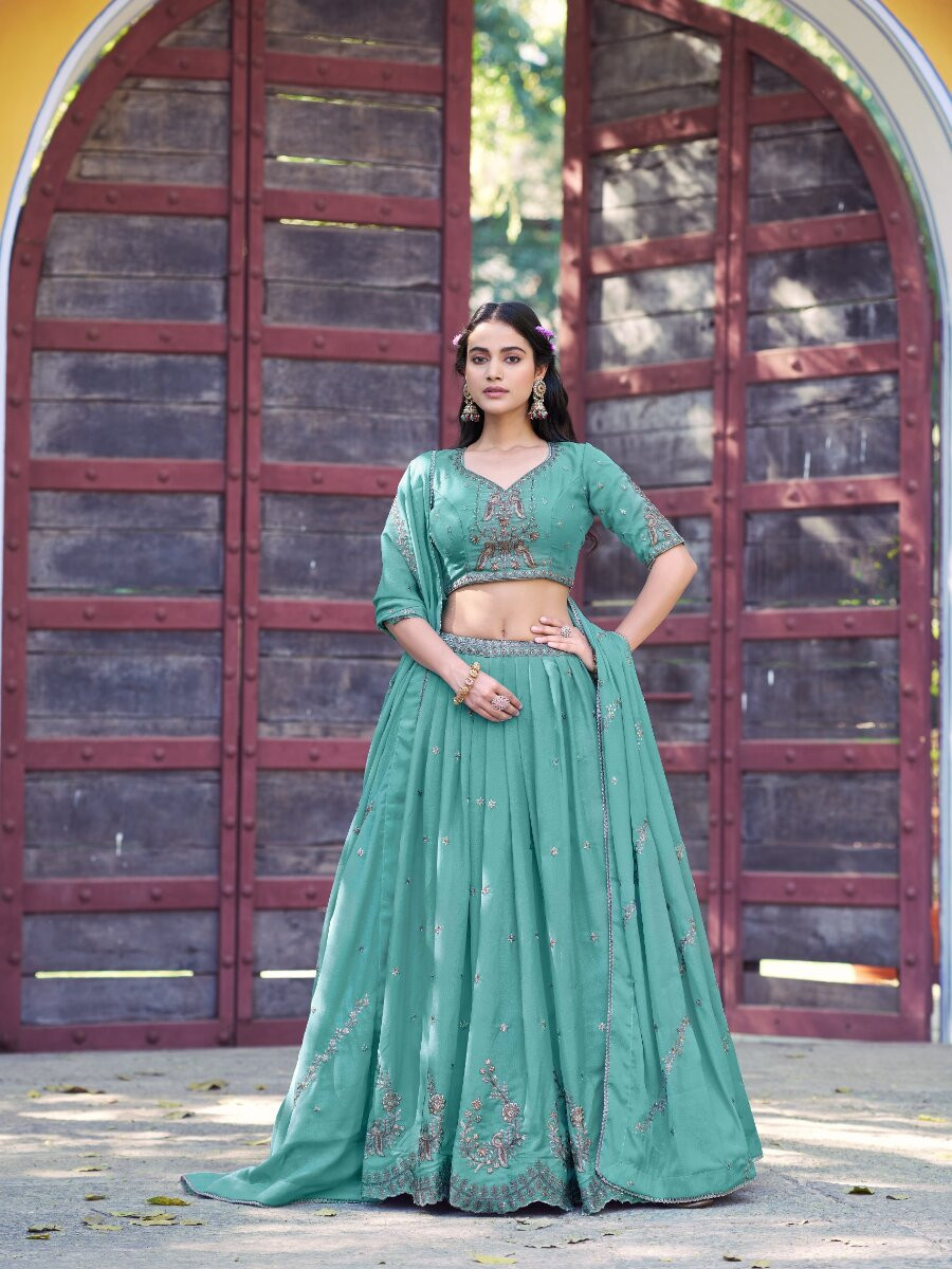 Sky Blue Star Georgette Embroidery Zari Sequins Wedding Reception Party Wear Festival Heavy Border Lehenga Choli