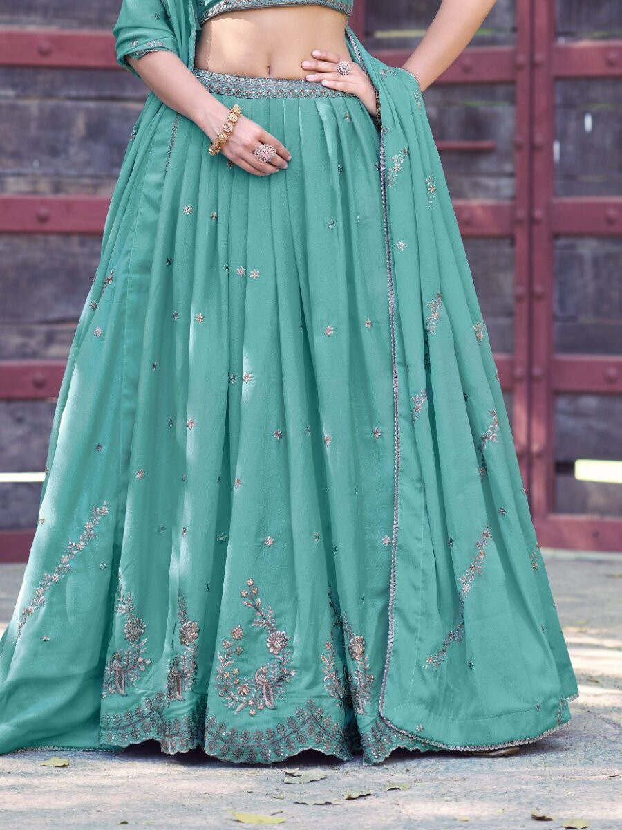 Sky Blue Star Georgette Embroidery Zari Sequins Wedding Reception Party Wear Festival Heavy Border Lehenga Choli