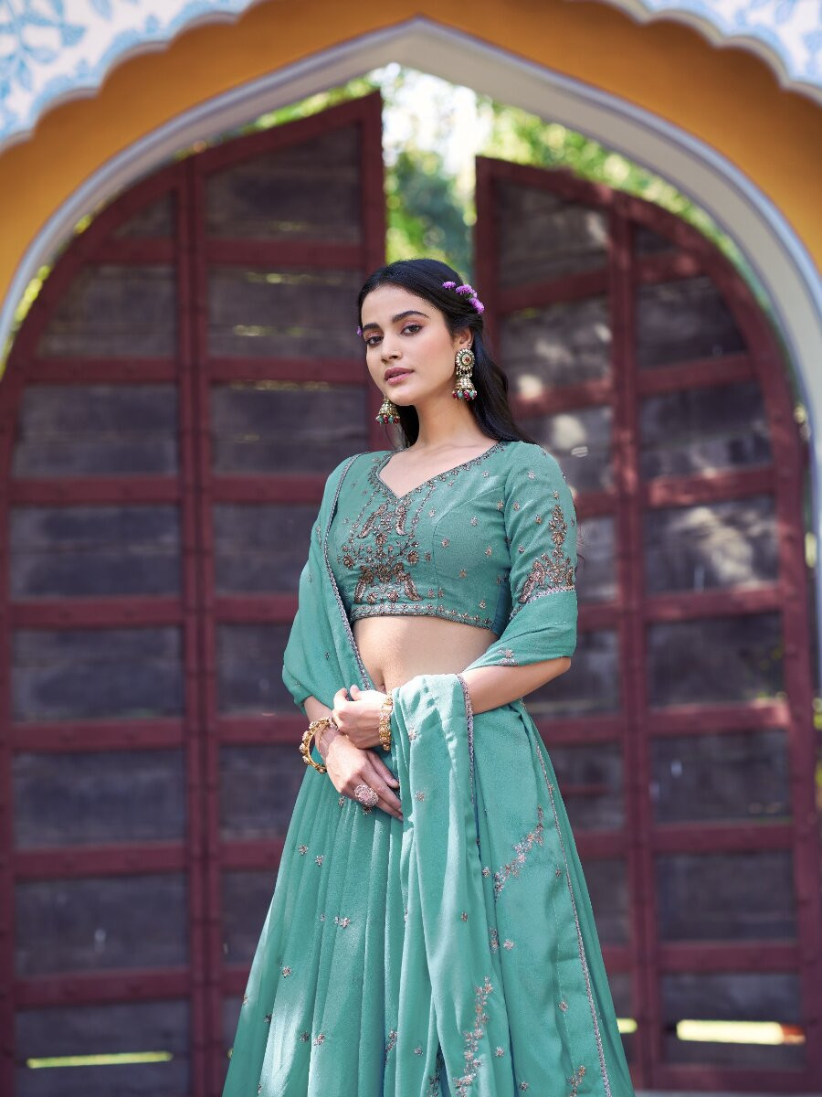 Sky Blue Star Georgette Embroidery Zari Sequins Wedding Reception Party Wear Festival Heavy Border Lehenga Choli