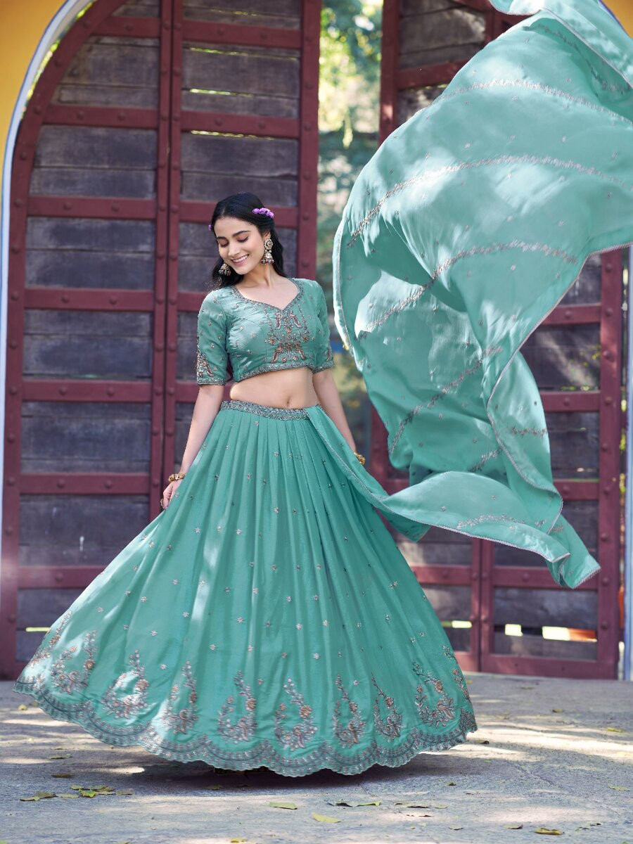 Sky Blue Star Georgette Embroidery Zari Sequins Wedding Reception Party Wear Festival Heavy Border Lehenga Choli
