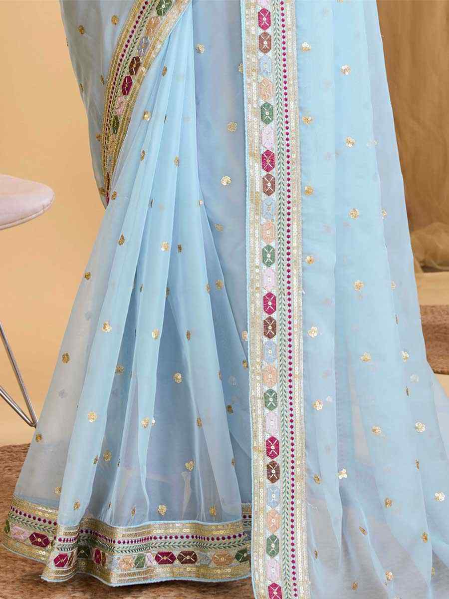 Sky Blue Taby Organza Silk Embroidered Festival Wedding Heavy Border Saree