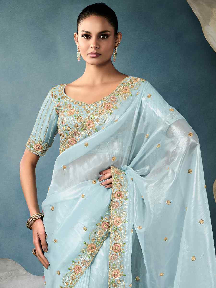 Sky Blue Tissue Embroidered Festival Wedding Fancy Heavy Border Saree