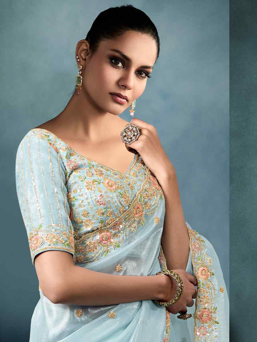 Sky Blue Tissue Embroidered Festival Wedding Fancy Heavy Border Saree