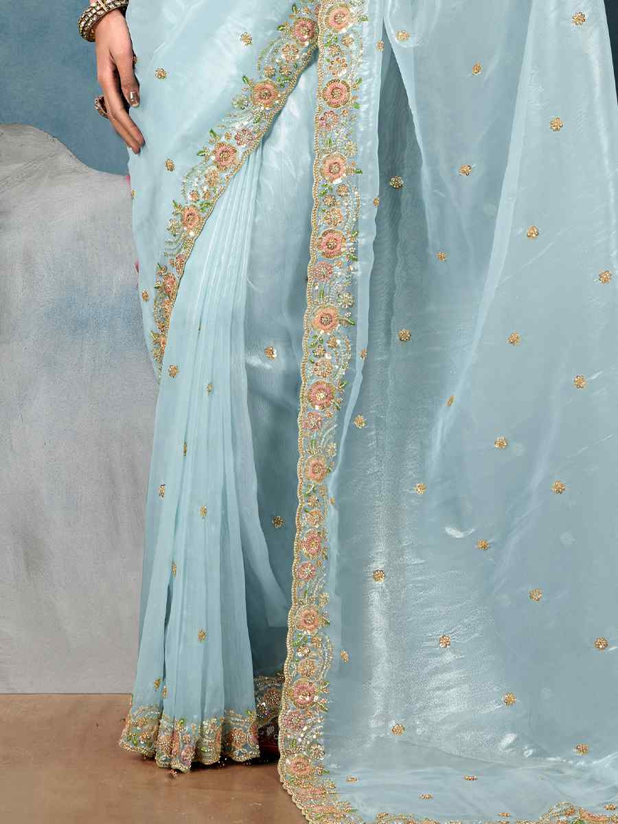 Sky Blue Tissue Embroidered Festival Wedding Fancy Heavy Border Saree