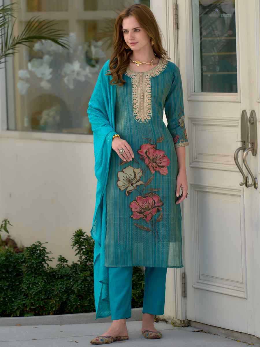Sky Blue Tissue Embroidered Party Wedding Ready Pant Salwar Kameez