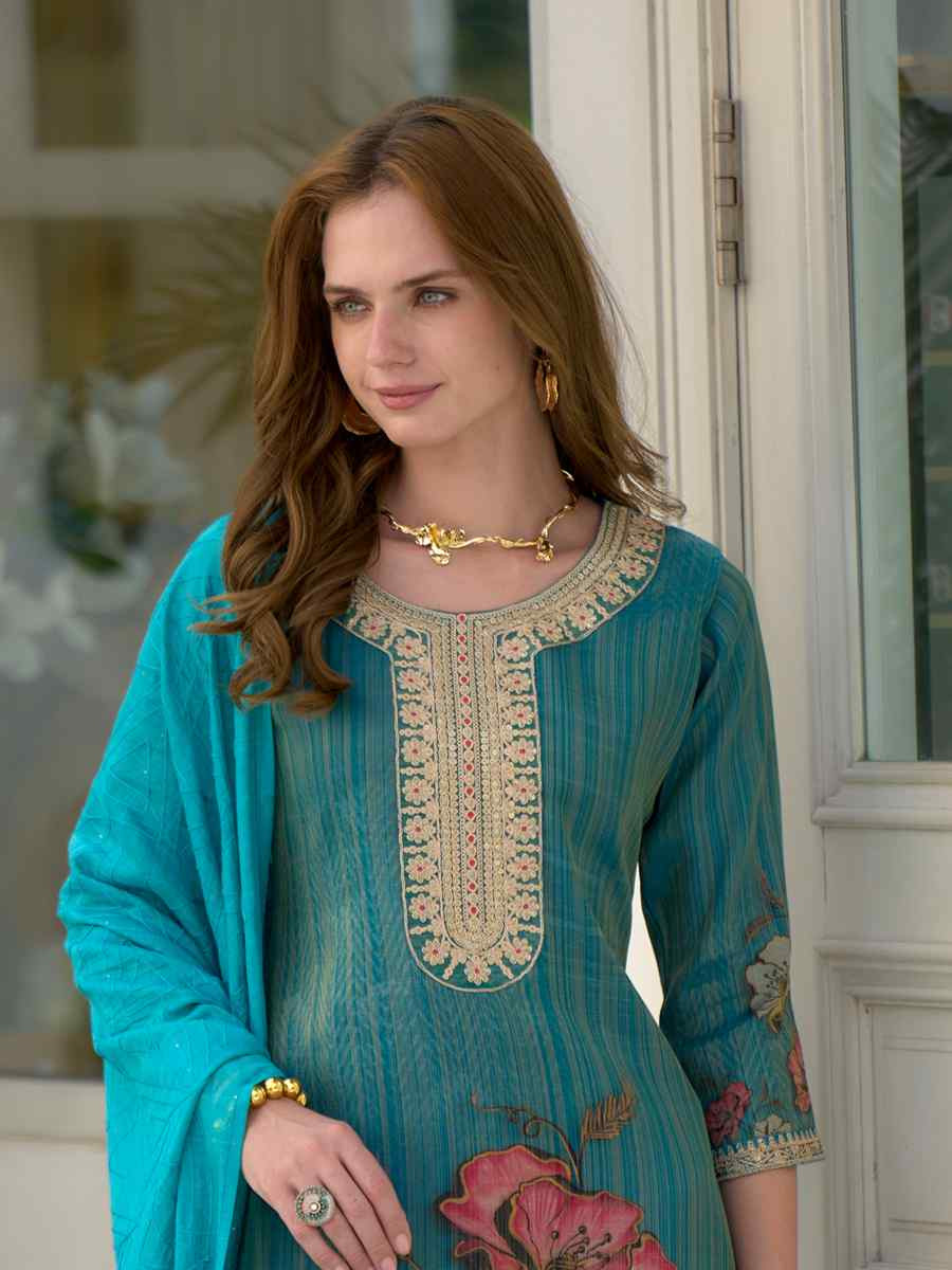 Sky Blue Tissue Embroidered Party Wedding Ready Pant Salwar Kameez