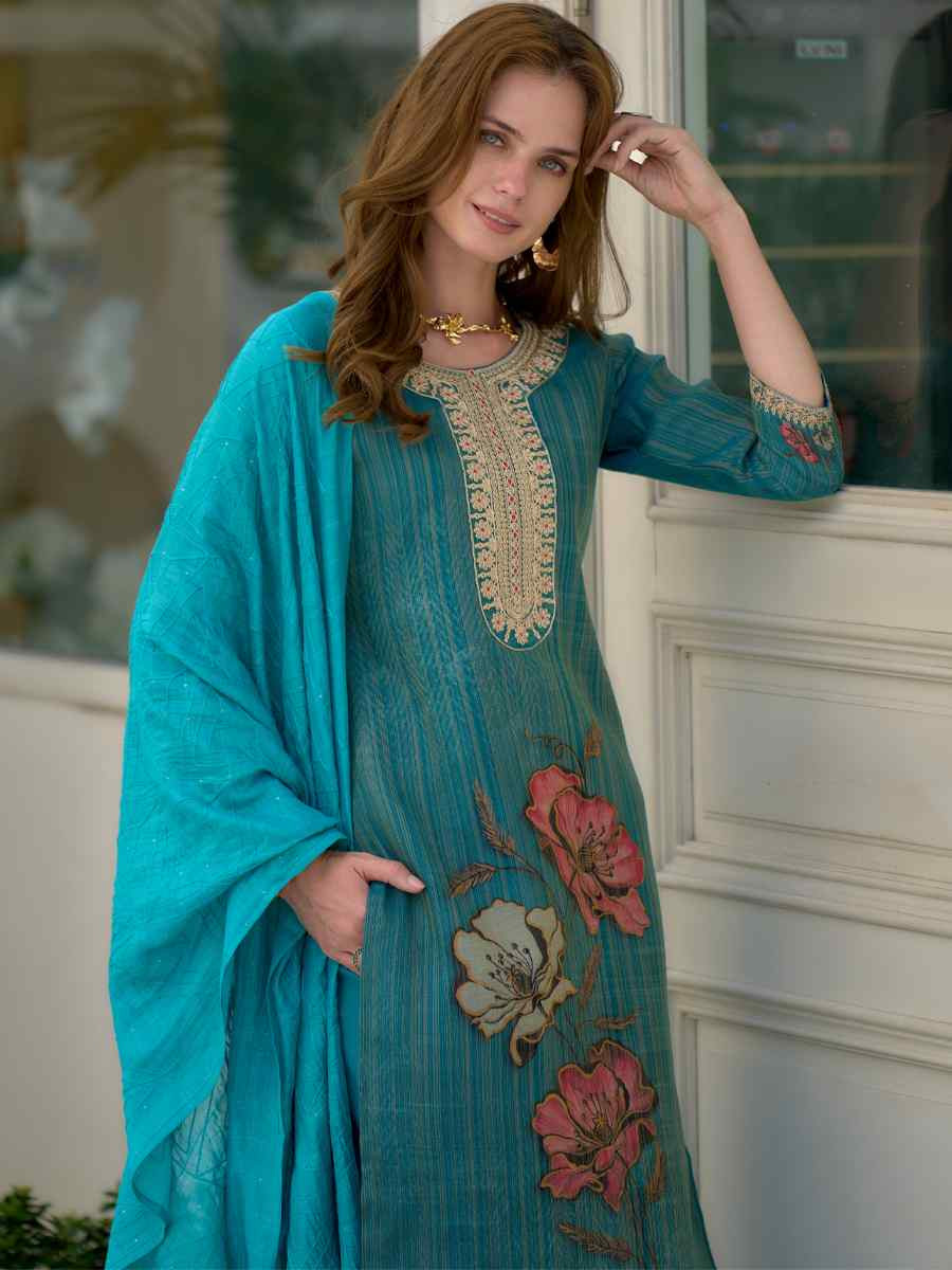 Sky Blue Tissue Embroidered Party Wedding Ready Pant Salwar Kameez
