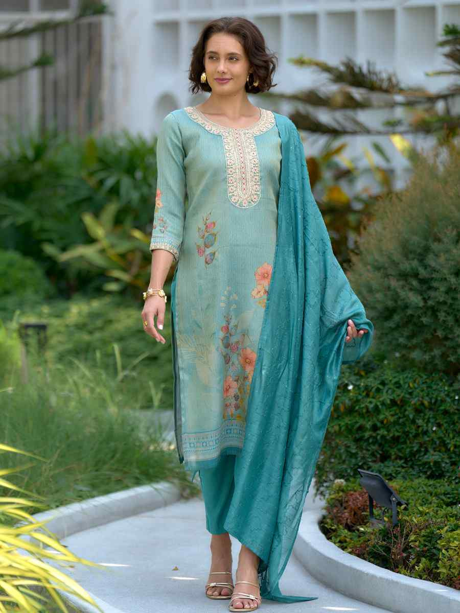 Sky Blue Tissue Embroidered Party Wedding Ready Pant Salwar Kameez