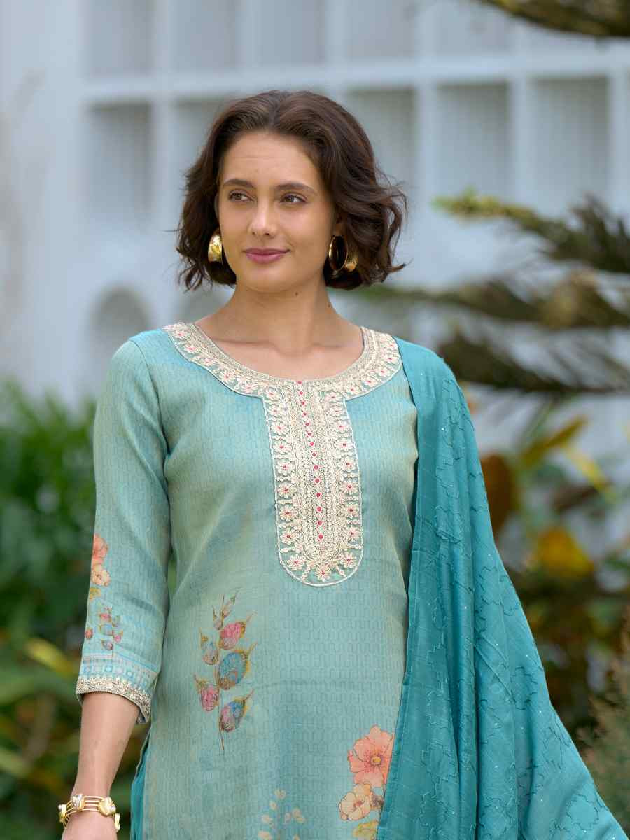 Sky Blue Tissue Embroidered Party Wedding Ready Pant Salwar Kameez